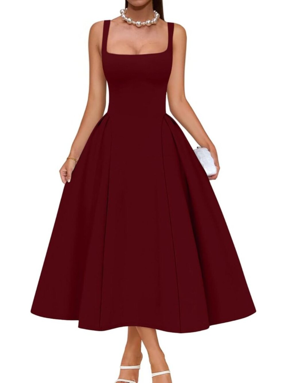 Women's Burgundy Elegant Square Neck Sleeveless Swing A Line Solid Midi Dress